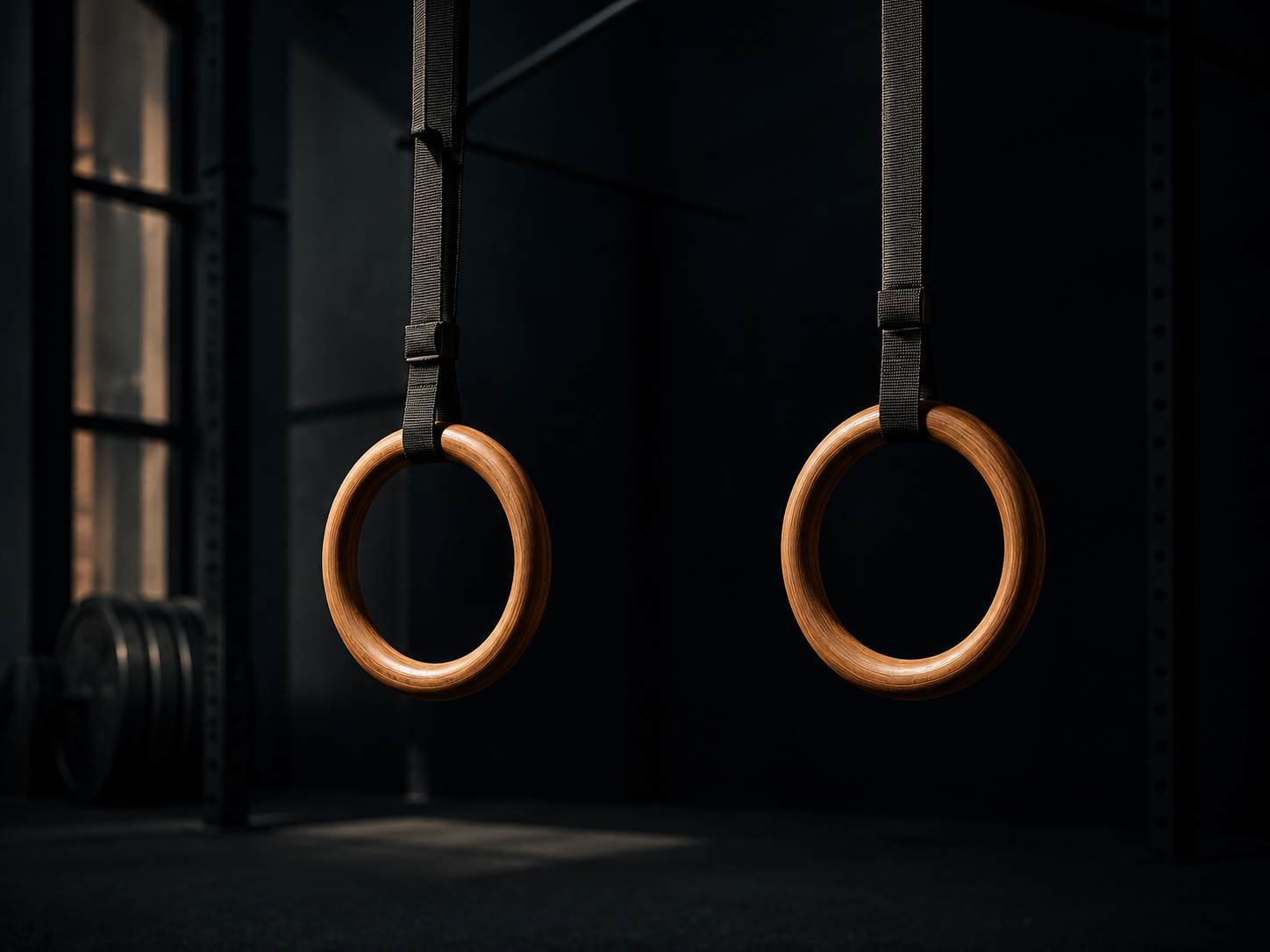 Houten turnringen in een donkere gym